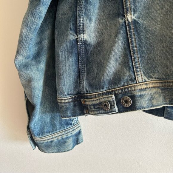 DIESEL Elshar Denim Distressed Jacket Blue Cow Leather Collar Biker - Picture 11 of 15